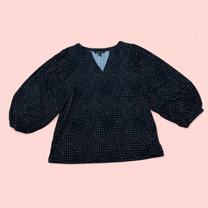 Whimsical Preppy Retro Black Balloon Sleeve Polka Dot Blouse Banana Republic XS